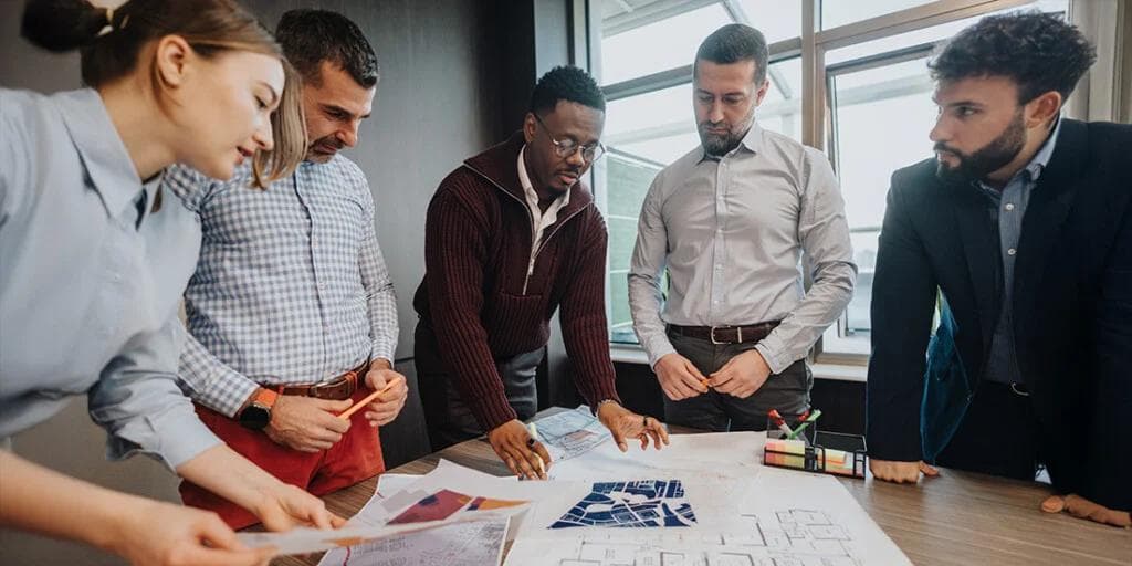 Five young people stand around blueprints on a table. They look to be in active discussion.
